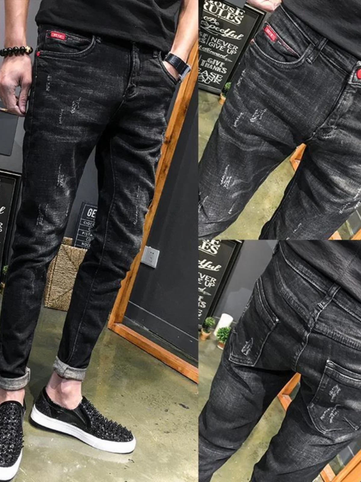 

plus Size Men's Slim Fit Jeans Elastic Cuffed Ankle Length Korean Style Trendy Casual Wear Resistant Wear Spring Summer