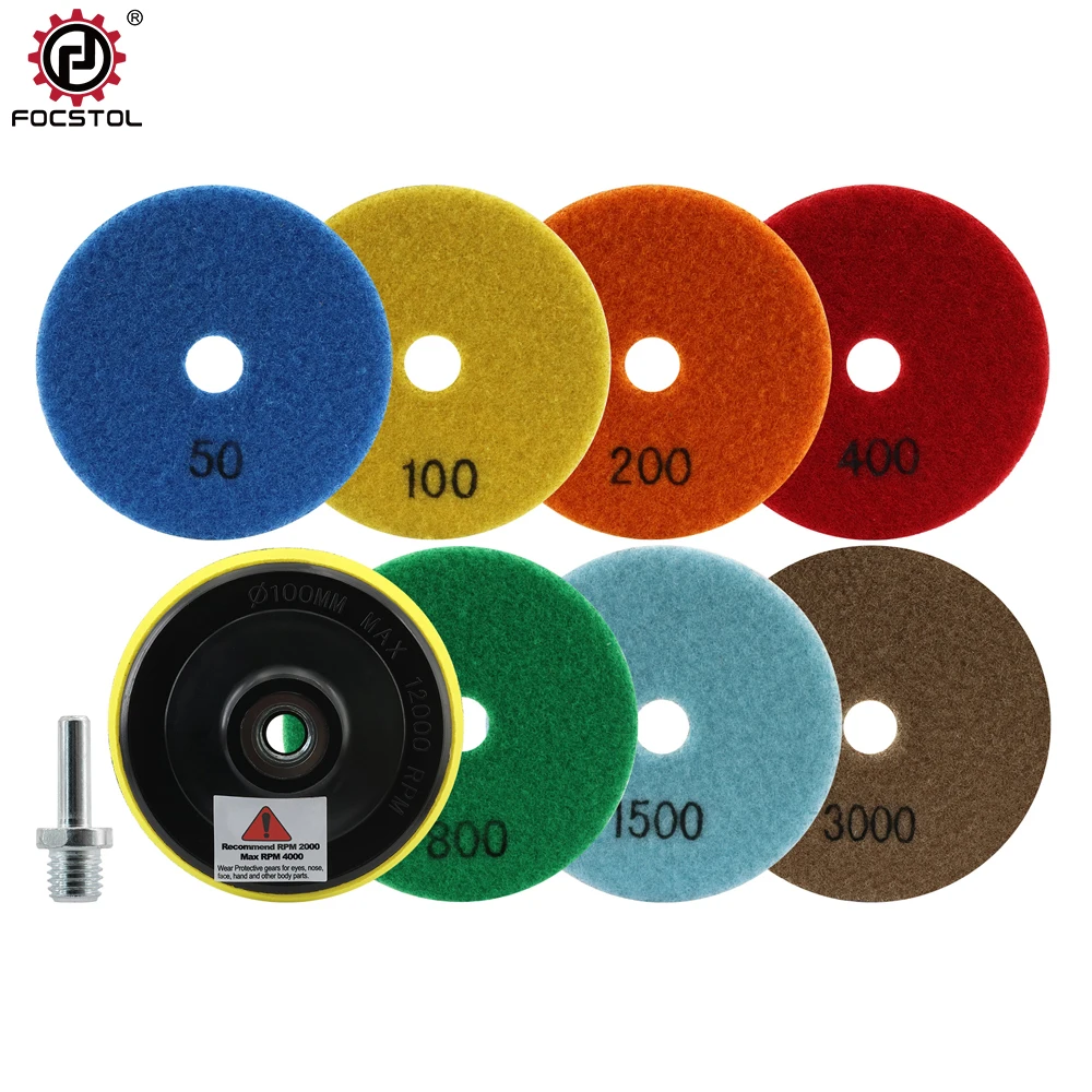 

Focstol 7pcs Diamond Polishing Pad Dry Sanding Disc for Granite Marble Quartz Grit 50-3000 Sanding Disc Base Back Round Shank