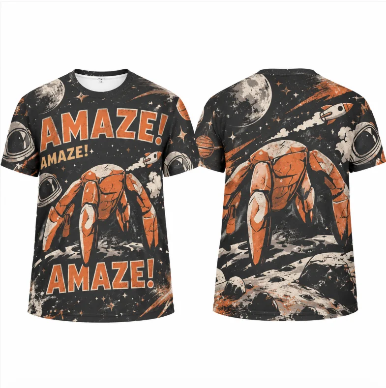 Vintage Sci-fi Space Alien Crab All Over Print T-shirt Unisex Men Women Retro Rocket Planet Graphic Tee Casual Streetwear