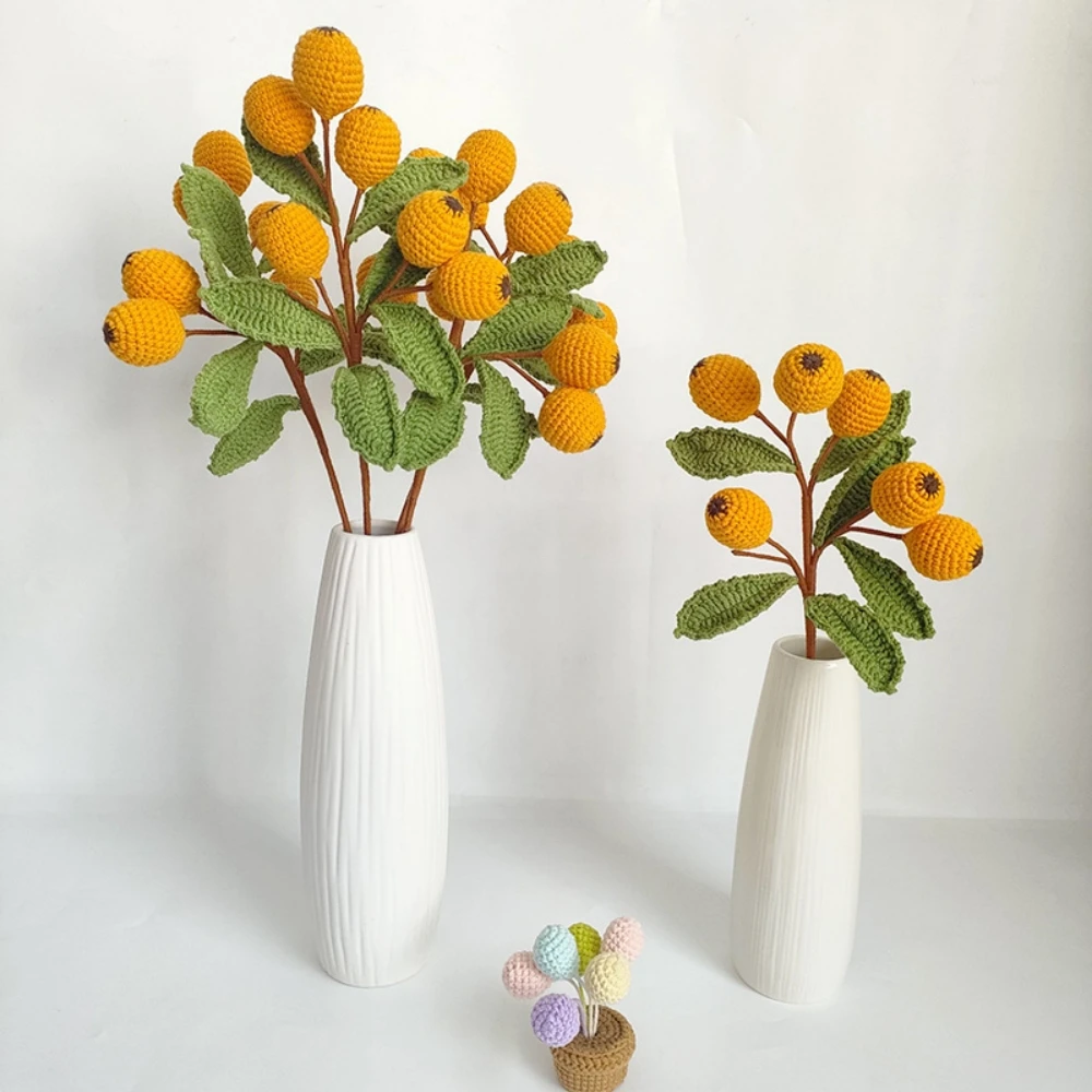 

2 Branches Artificial Loquat Plant Hand Woven Home Ornaments Fruit Bouquet Simulated Flowers Decorative Faux Loquat for Home