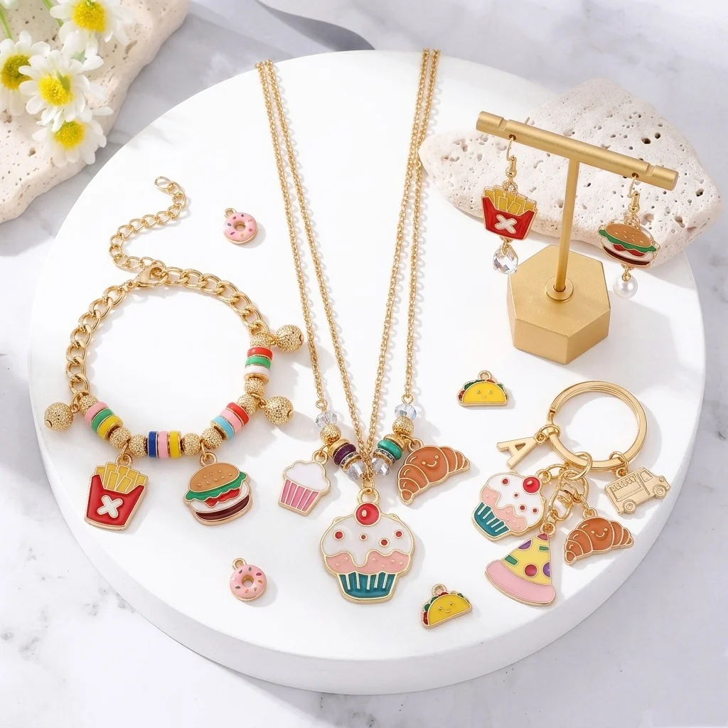 15Pcs/Set Cute Food Charms Enamel Burger Fries Cake Pendants for DIY Jewelry Making Necklace Earrings Keychain Craft Supplies view 3