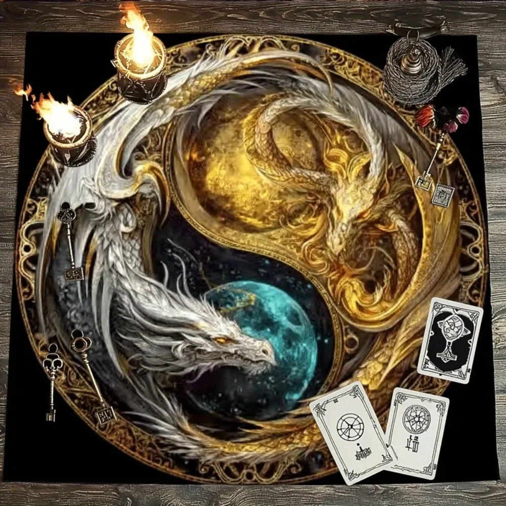 Dragon Yin Yang Tarot Altar Cloth Multiple Sizes HD Sublimation Print Cosmic Balance Rune 100 Polyester Machine Wash Divination