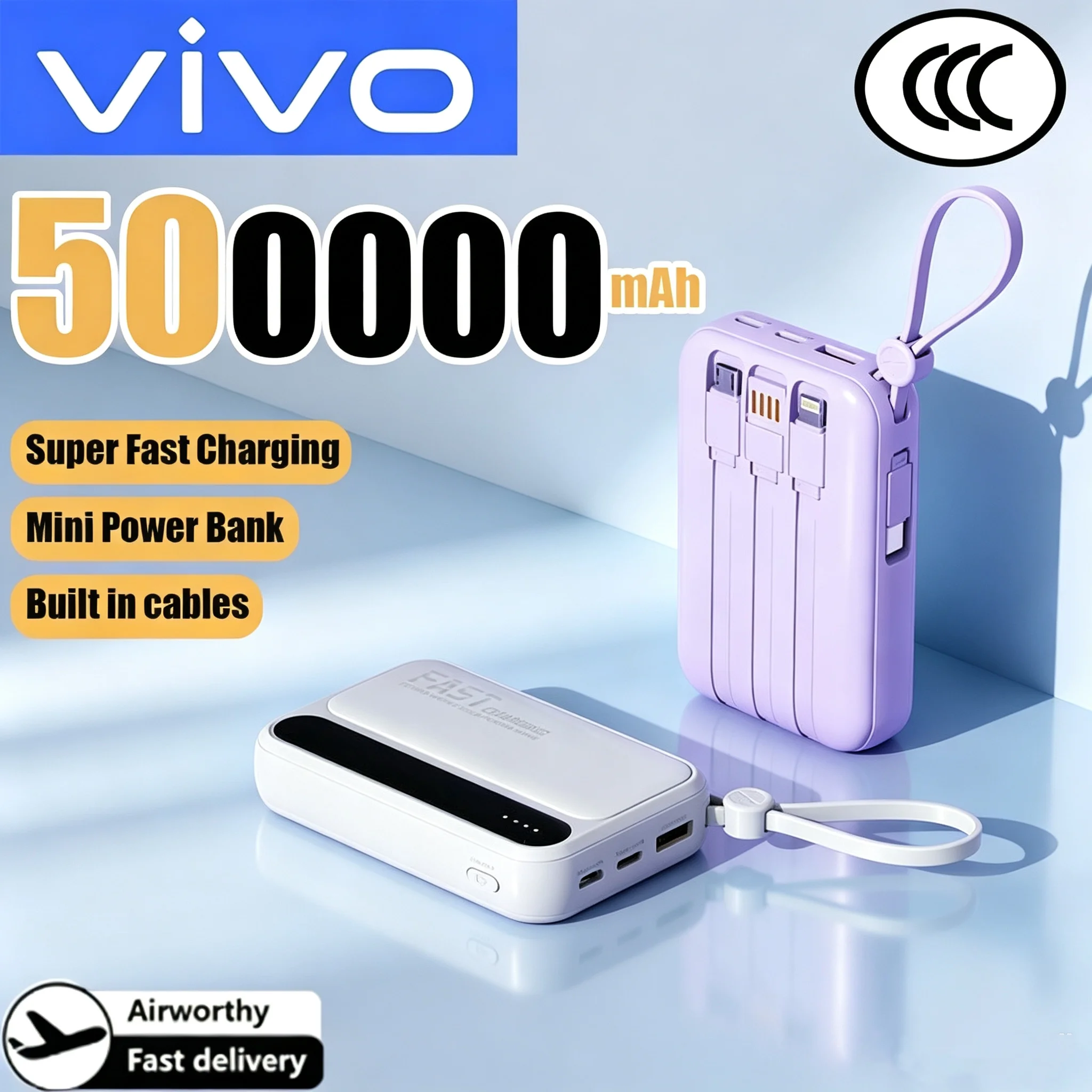 VIVO 500000mAh Powerbank mit Eingebauten 4 Leitungen Große Kapazität Superschnelles Laden Tragbarer Externer Akku für Alle Telefone 2026 NEU