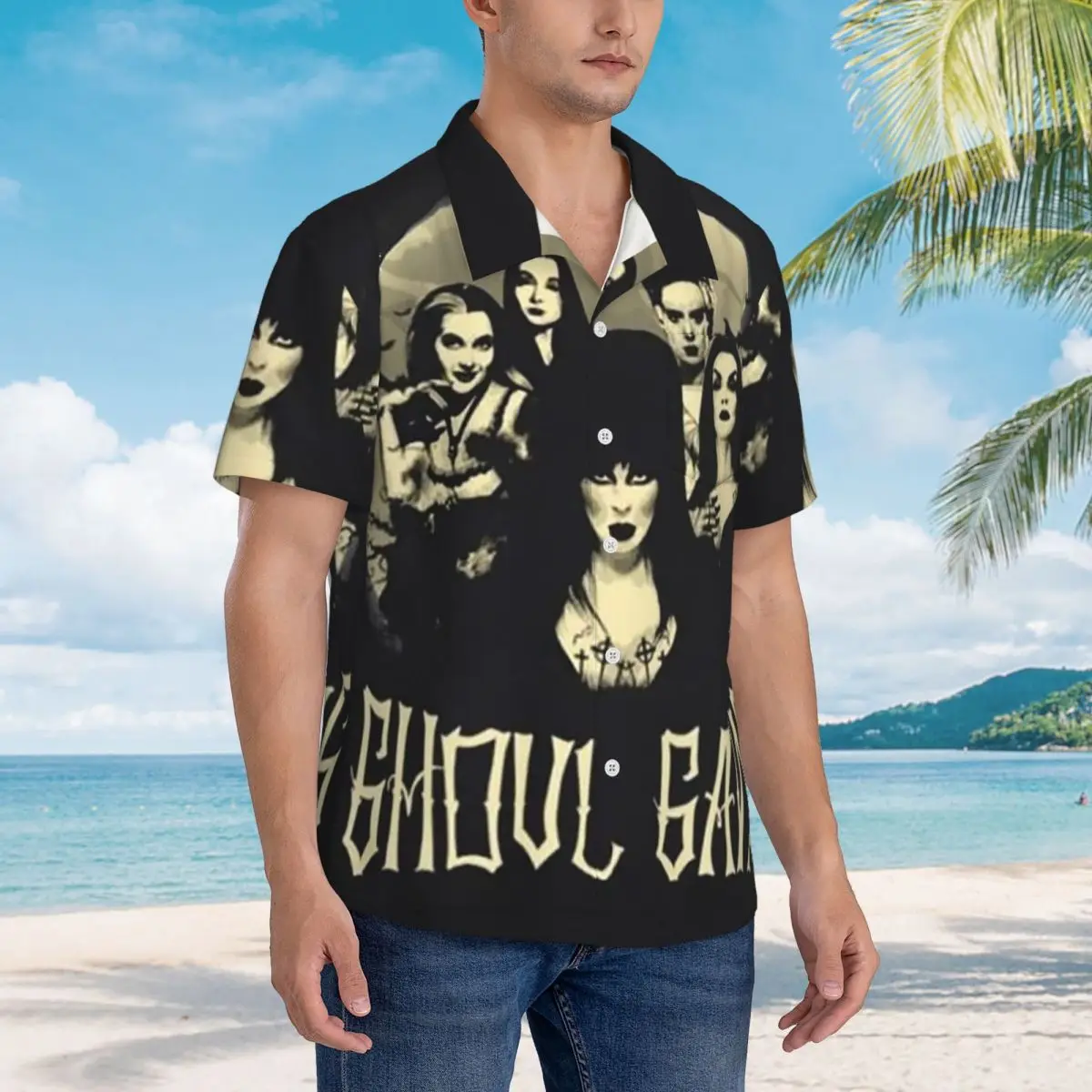 

Elviras Mistress Of The Dark Movie Hawaiian Shirts Fashion Men Short Sleeve Shirt for Summer Beach Men's Lapel Tops