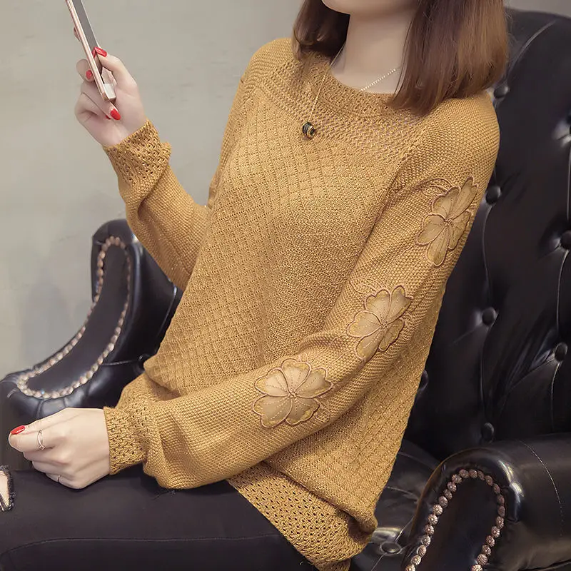 Vrouwen Koreaanse Mode Sexy Holle Kant Effen Losse Basic Knitwear Lente Herfst Casual Lange Mouwen Trui Vrouwelijke Kleding Jumper