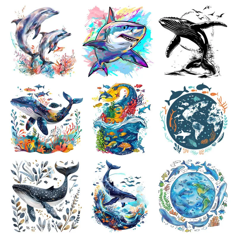 Cartoon Animals Sharks & Whales Patch For Clothing Heat Transfer Appliques For Clothes Thermo Sticker Iron on Vinyl For Clothes