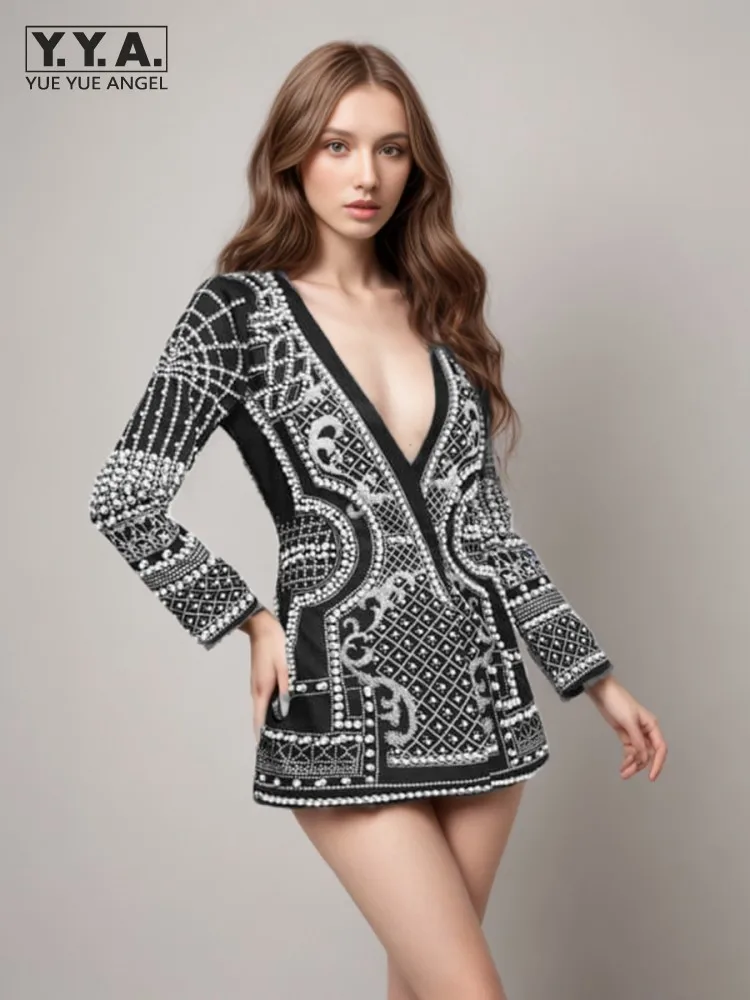 Summer Women New Style Palace Style Sexy Deep V-Neck Jacket Outerwear Fashion Printed Beading Long Sleeve Slim Fit Chic Coats