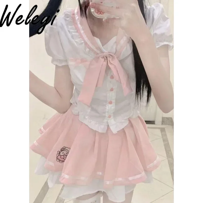 Pink Jirai Kei Uniform Suit Sweet Preppy Slim Fit Soft Girl Shirt Contrast Color Pleated Skirts Pure Desire Gentle Two Piece Set