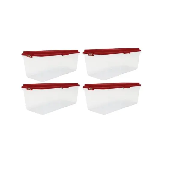 

113 Quart Clear Plastic Latched Christmas Storage Container, HIRISE Red Lid, Set of 4