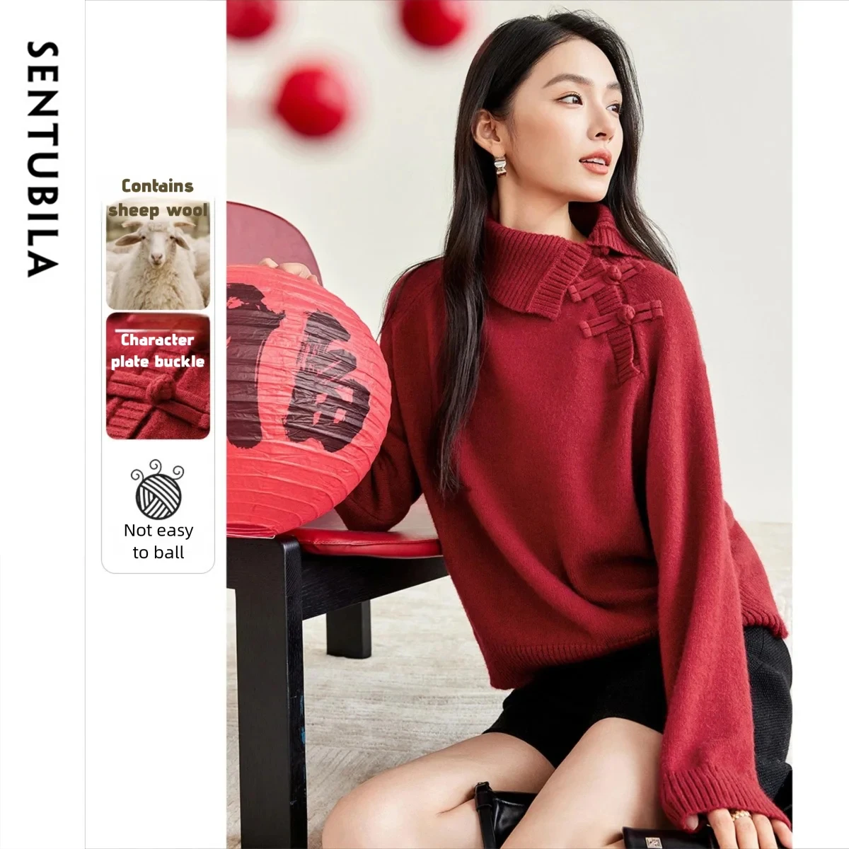

SENTUBILA красные пуловеры из смеси шерсти 202, водолазка в китайском стиле с длинными рукавами, трикотаж, зимний свитер, женская одежда W44E57240