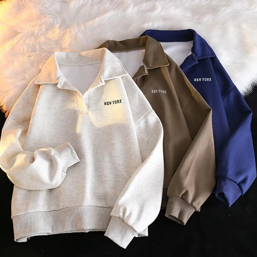 Women Autumn Spring Sweatshirt Turn-down Collar Loose Long Sleeves Pure Color Thin Elastic Cuffs And Hem Sport Style School Casu