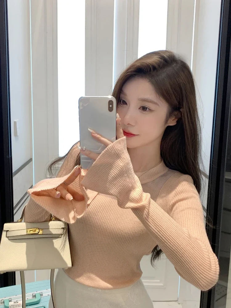 2023 Autumn Korean Fashion Knitted Sweater Y2k Crop Tops Women Casual Long Sleeve Elegant Slim Pullovers Outwear Office Lady