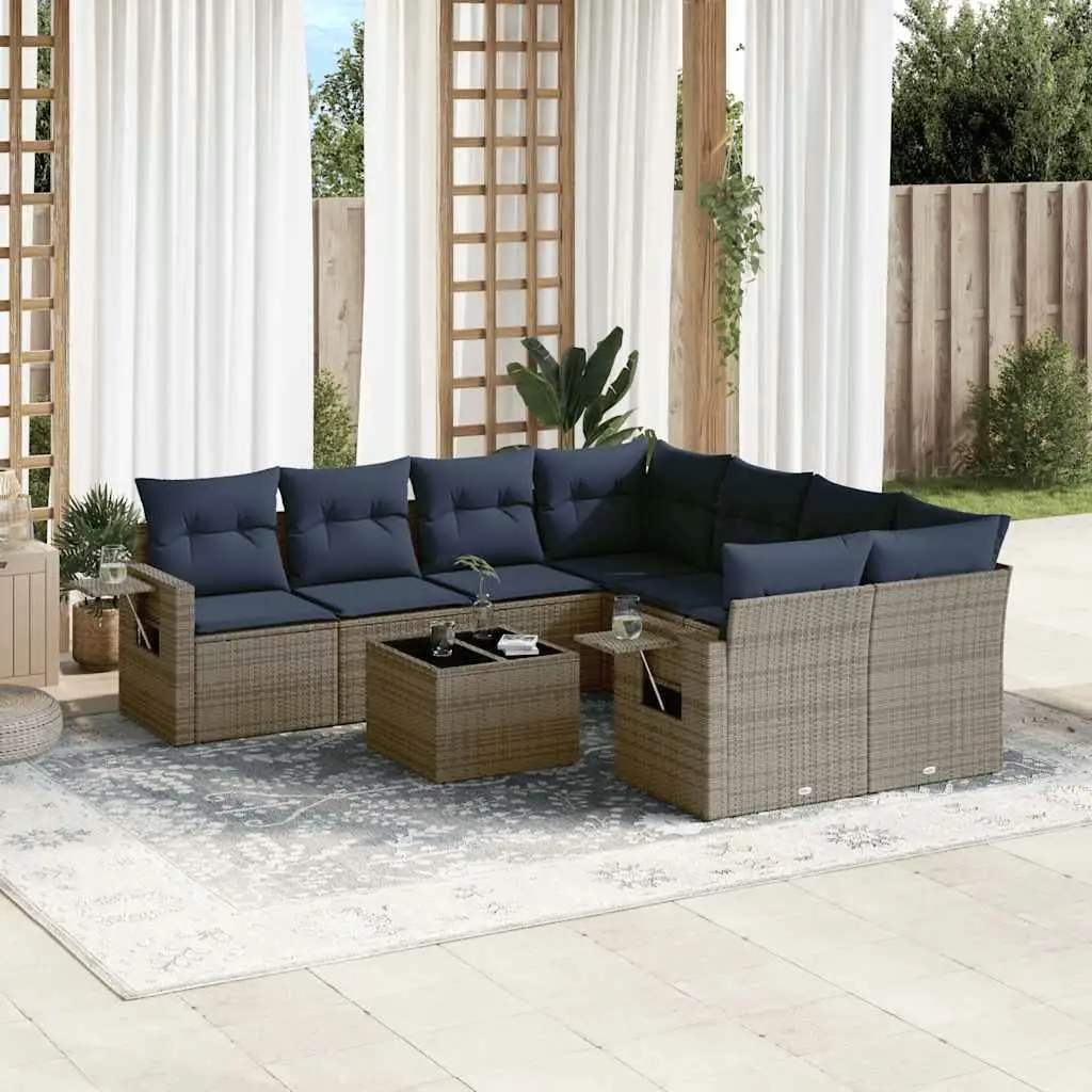 

9 Piece Gray Poly Rattan Patio Sofa Set Cushions Outdoor Furniture Garden Living Room Seating