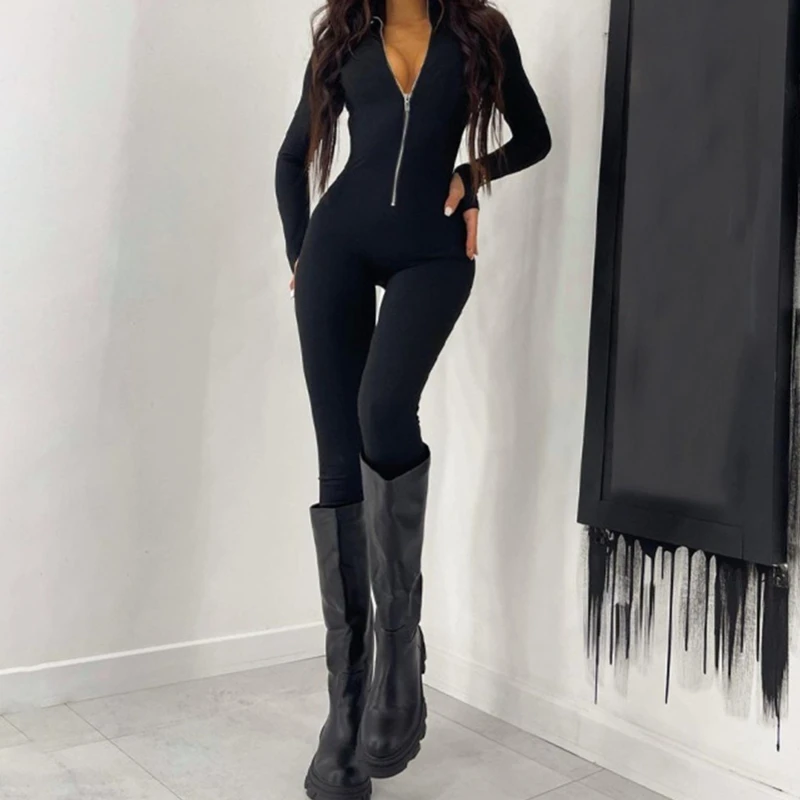 Fitness Outfit Female Casual Sporty Workout Zipper Jumpsuit Women Rompers Long Sleeve Skinny Activity Wear Overalls Tops