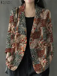 ZANZEA Women Autumn Blazer Fashion Long Sleeve Floral Printed Outwear Vintage Lapel Neck Cotton Suits Casual Work Thin Jackets