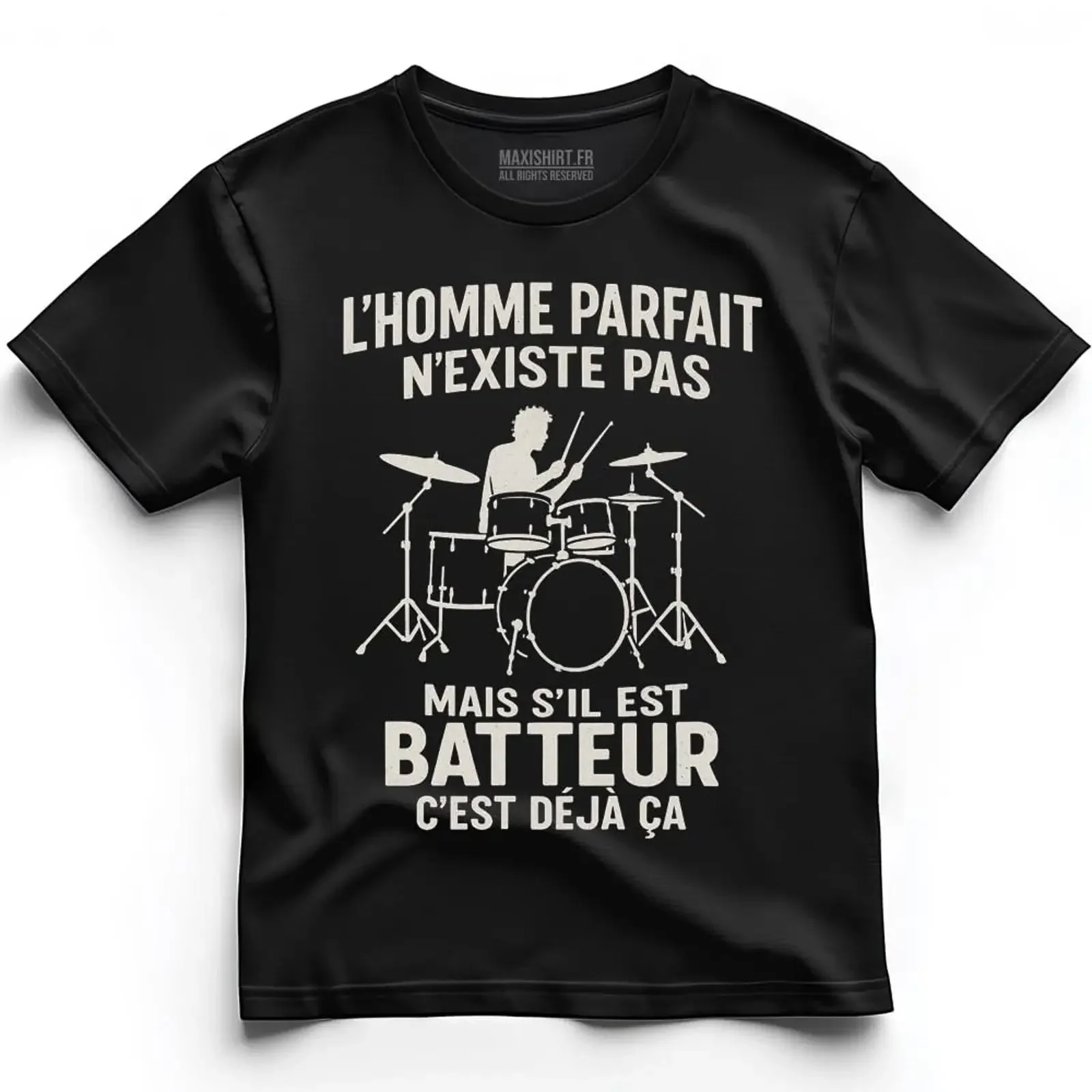 Drummer L'homme Parfait n'Existing Pas Humour Music Design Black vintage Washed Stretched Stylish Top For Everyday Wear