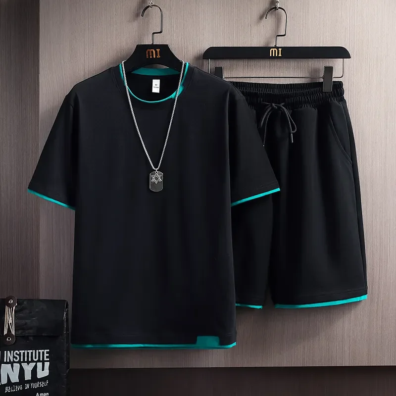 

Men's Casual Ice Silk Tracksuit Set Summer Loose Short Sleeve T-Shirt Drawstring Shorts 2 Piece Outfit