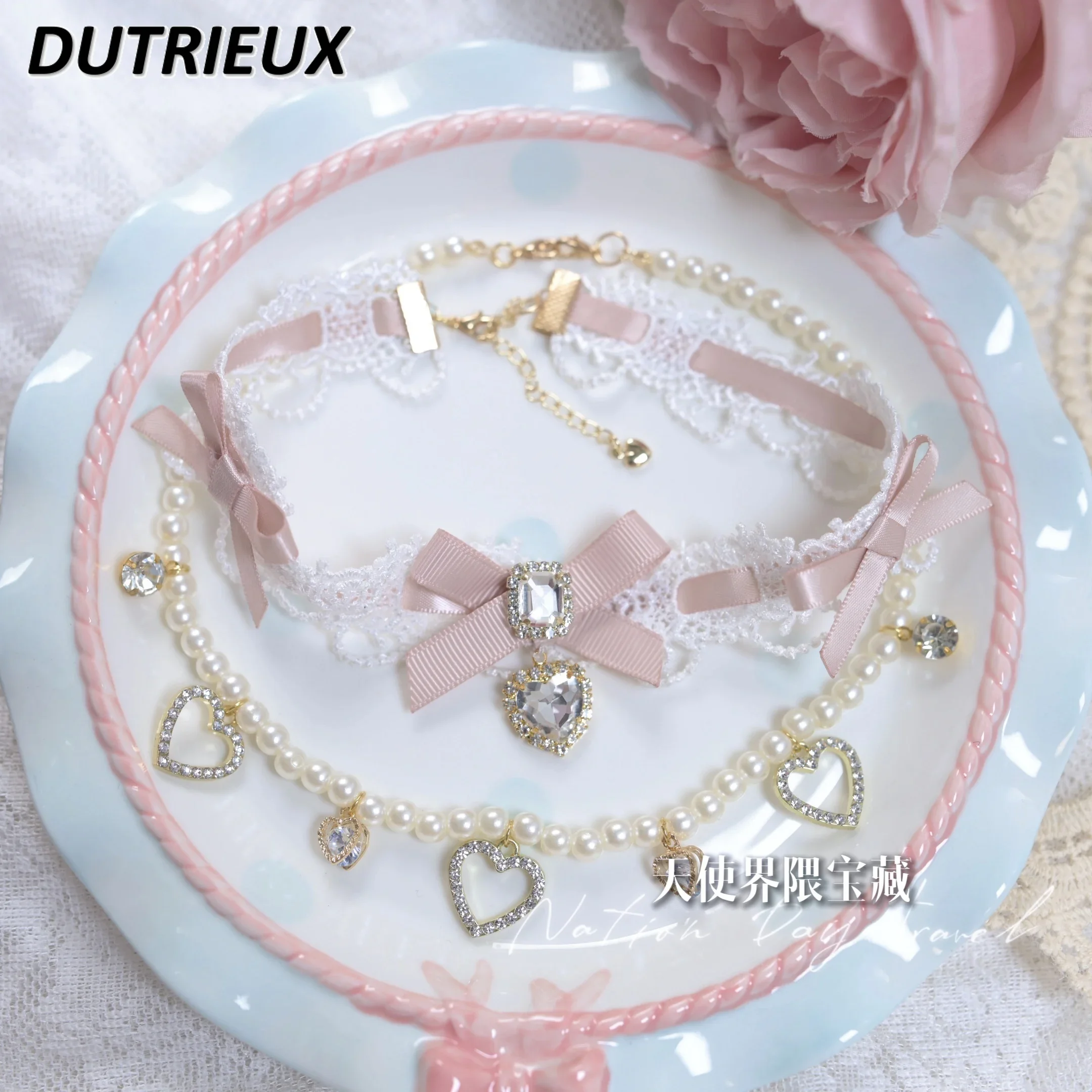 Mine Mass-Produced Sweet Girls Necklace Lolita Heavy Industry Double-Layer Pearl GEM Bow All-Match Neckband Accessories