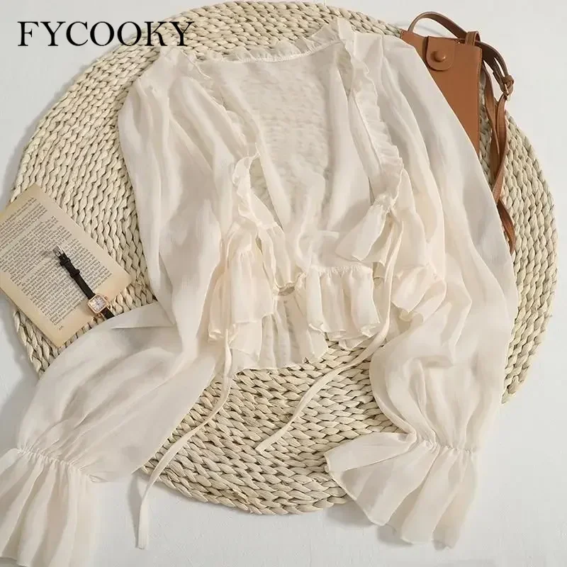Chemise en mousseline de soie à volants pour femme, cardigans à col en V, manches évasées froncées, crème solaire, solide, mince, doux, été, 2025