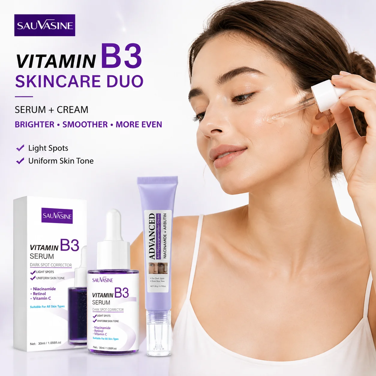Vitamin B3 Serum + Niacinamide Arbutin Cream - 2-Pack. Easily Absorbed, Non-Greasy, Suitable for Normal, Dry, and Combination Sk
