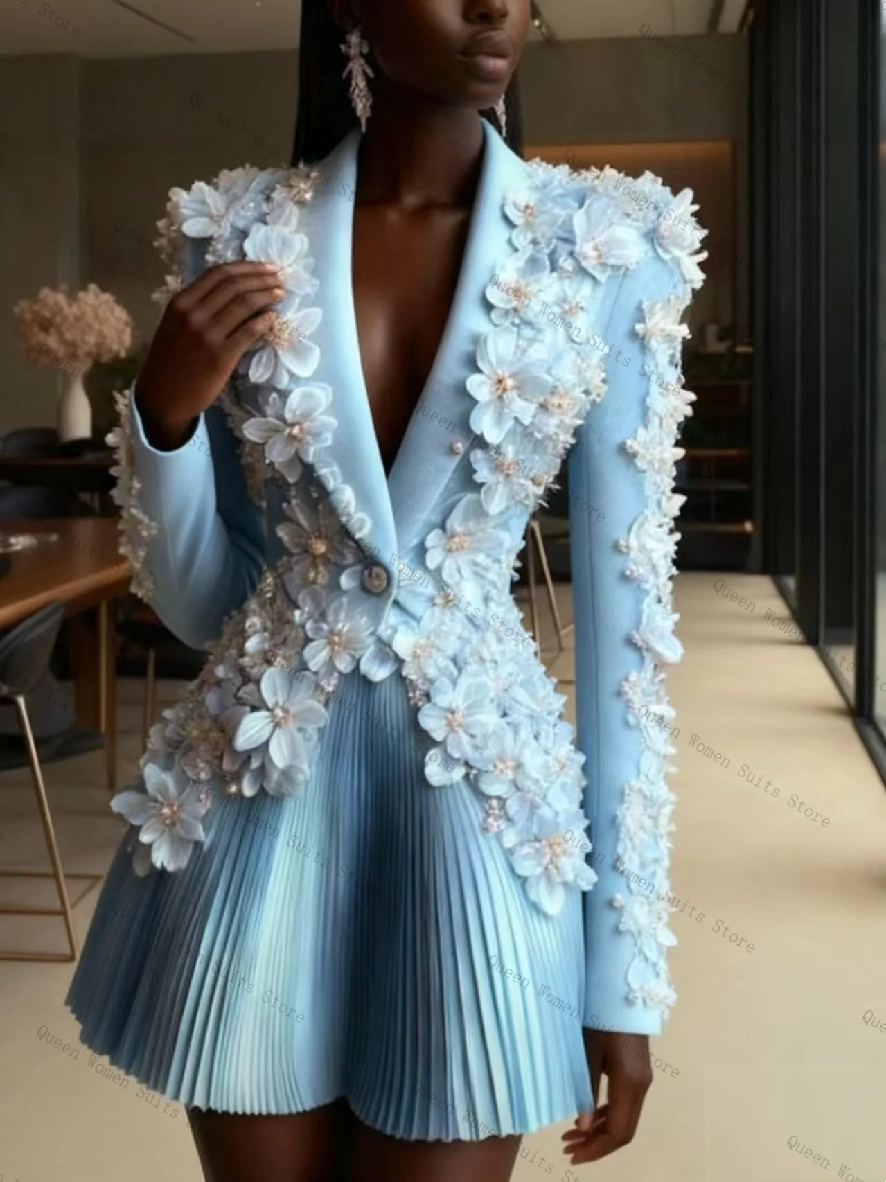 

Light Blue Women Suit Skirt Set 2 Pcs Blazer+Prom Dress 3D Flower Formal Office Lady Jacket Wedding Guest Coat Customized