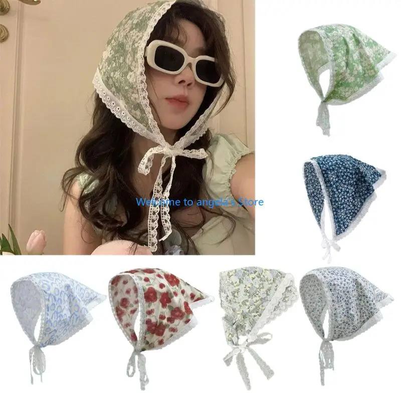 X4YC Khăn trùm đầu hình tam giác ren thanh lịch in hoa cho chuyến dã ngoại mùa xuân