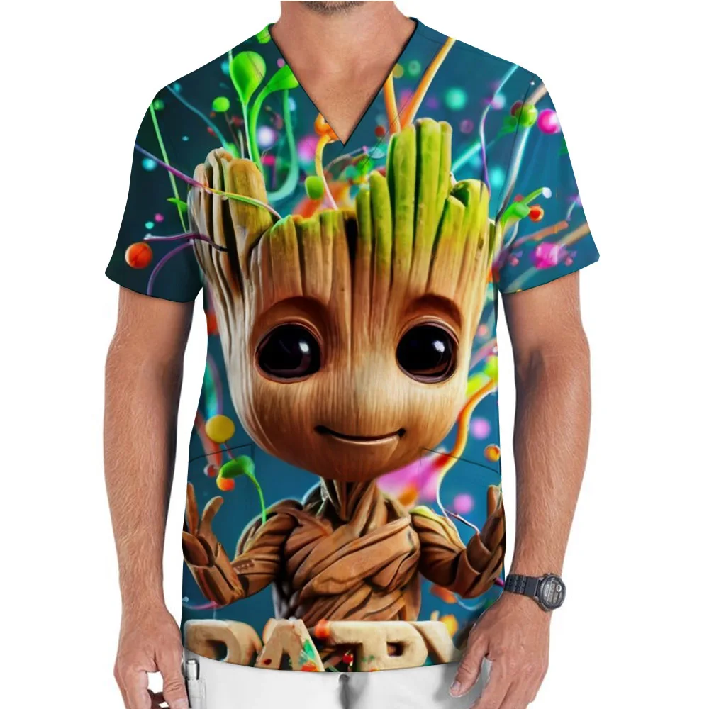 Dental Uniforms V-neck Clothes Marvel Groot print Scrubs Tops Dentist Medical Uniform Hospital Nurse Doctor Cotton Scrub Top