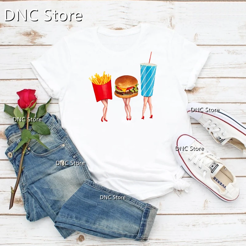 Tee Shirt Femme Hamburg Fries Popcorn Girl Tshirt Funny Femme T-Shirt Summer Women Tshirt Fashion Camiseta Mujer Tshirt Tops