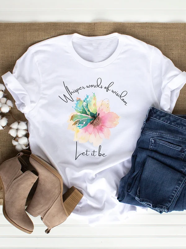 Whispes Words of Wisdam Let It Be Slogan Women T-shirt Beautiful Watercolour Flowers Print Literary Freshness Casual Girl Shirt