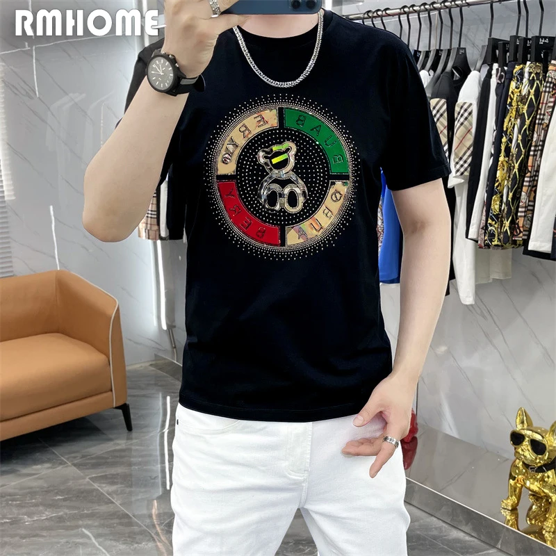 Men\'s Trend T-Shirt Bear Print Hot Diamond Pattern New Designer Male Tees Summer Top Mercerized Cotton High-Quality Man Clothing