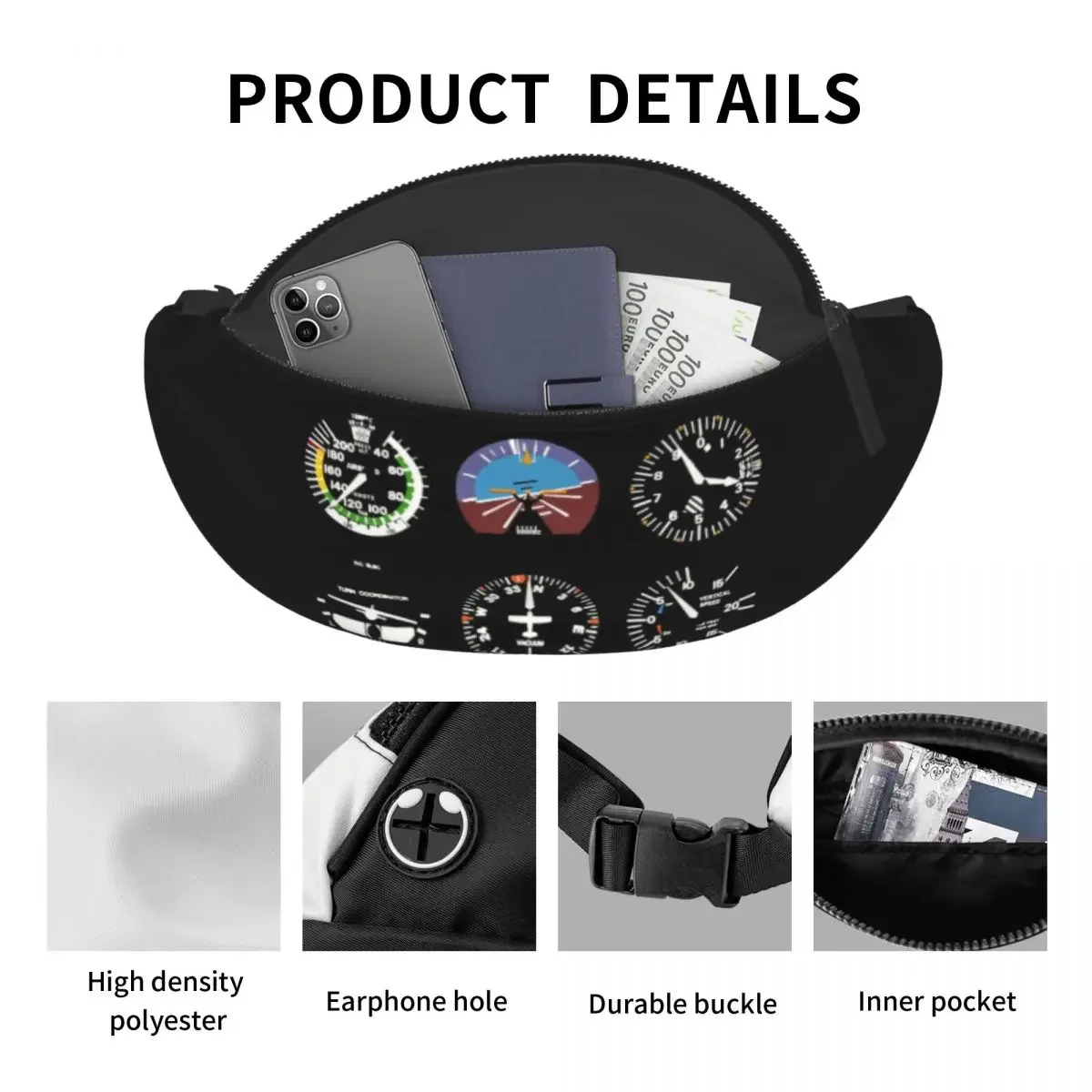 Cockpit Six Dials Flight Simulator Pilot Fanny Pack Men Women Airplane Crossbody Waist Bag for Camping Biking Phone Money Pouch