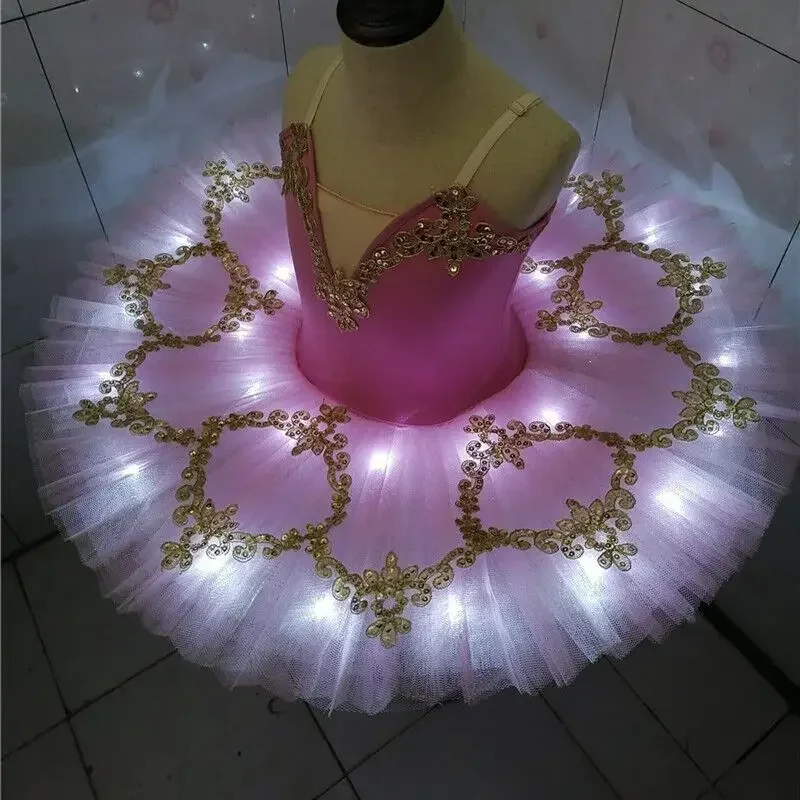 Vestido de balé com luz LED para meninas, vestido de bailarina, traje Tutu para crianças, roupa de dança profissional, Swan Lake, novo