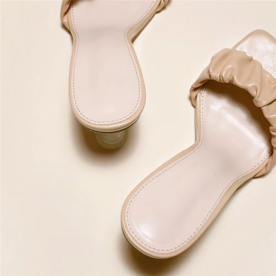 New Women Sexy Wrinkle Leather Slippers Square Toe Clear Crystal Cup High Heels Shoes Slides Ladies Party Summer Slip-On Sandals