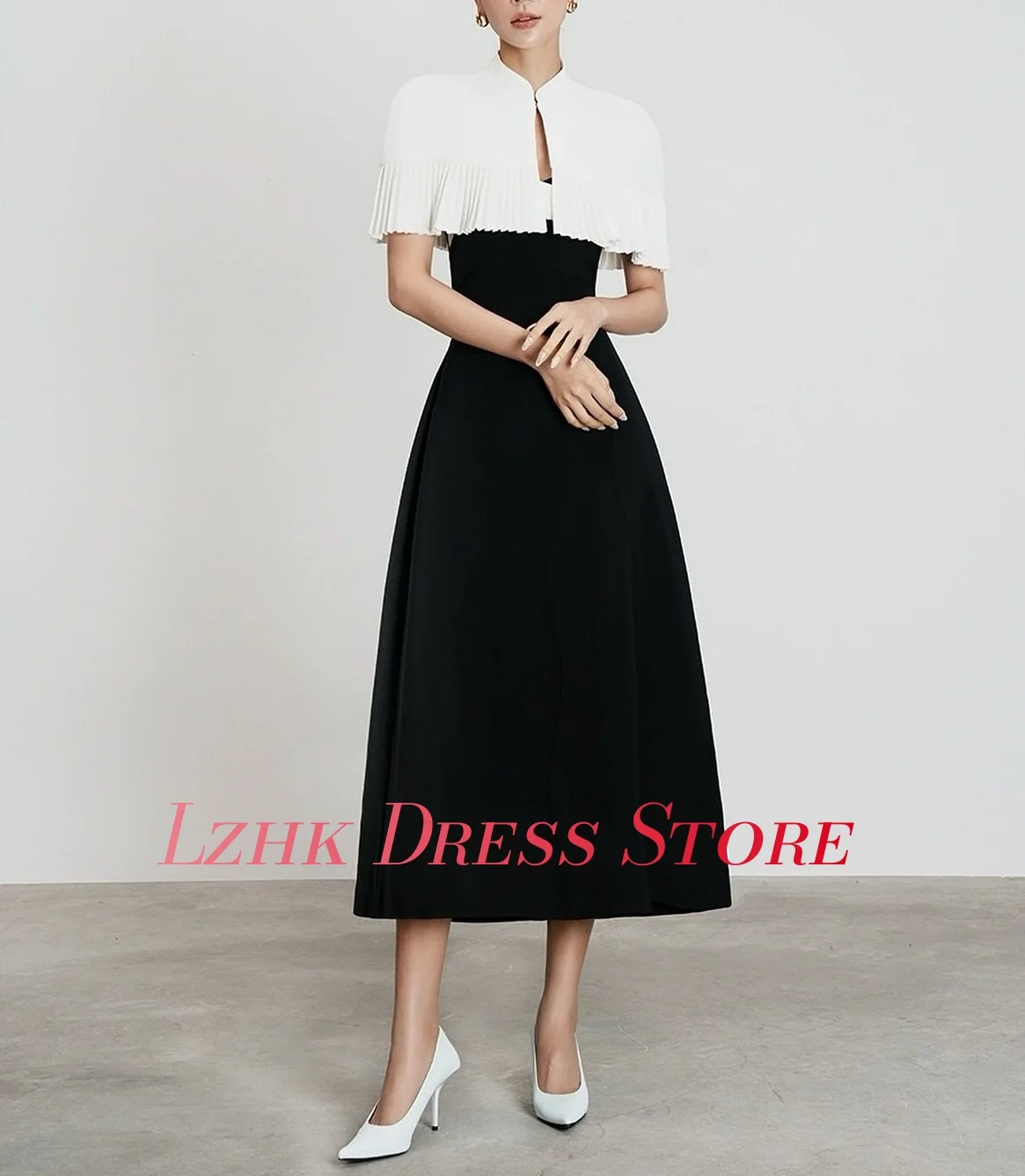 Vestido de noite linha A de camisa graciosa personalizado de alta qualidade mangas curtas gola alta comprimento de chá فستانmavera