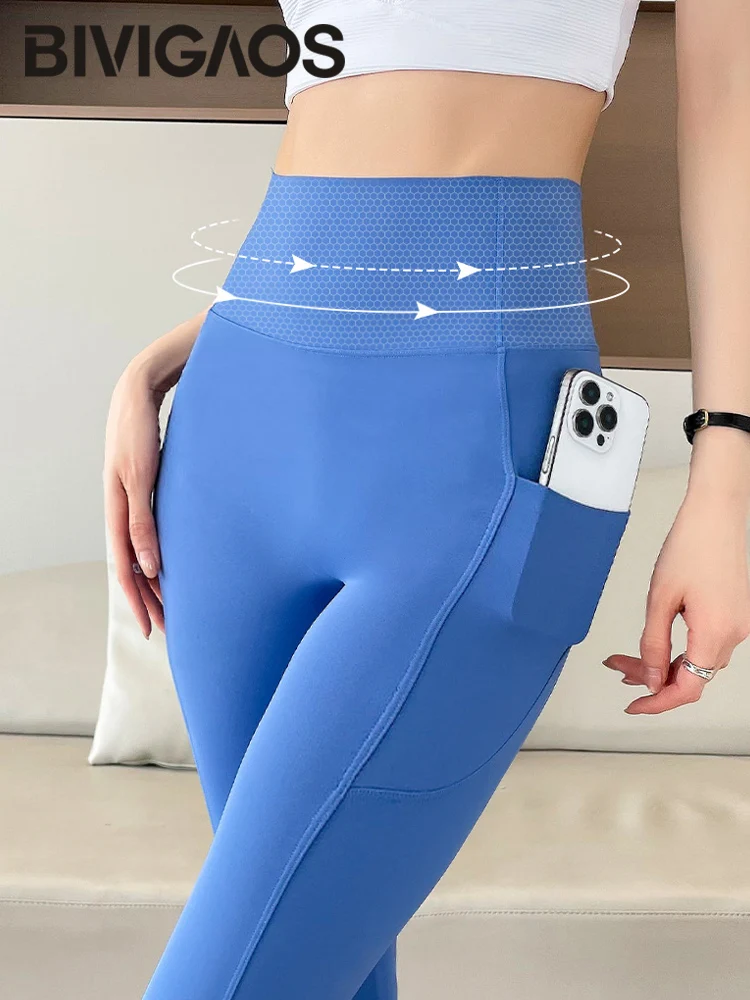 BIVIGAOS Leggings in pelle di squalo con tasca laterale primavera autunno Leggings da yoga fitness attillati a vita alta da donna Leggings da corsa push up