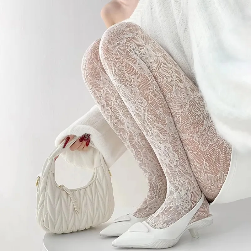 

White Socks Women Sexy Fishnet Stockings Femme Summer Thin Flower Mesh Pantyhose Elastic Slimming High Waist Hollow Out Tights