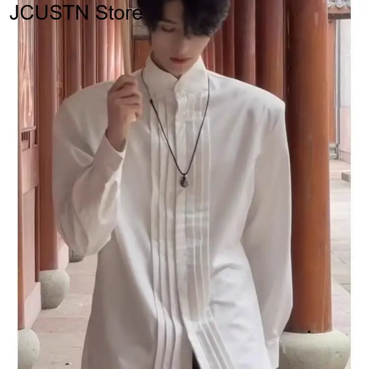 

Модная одежда с воротником-стойкой Тан, улучшенные топы в китайском стиле, рубашка ханьфу с длинными рукавами, мужская уличная одежда, однотонные топы Qipao