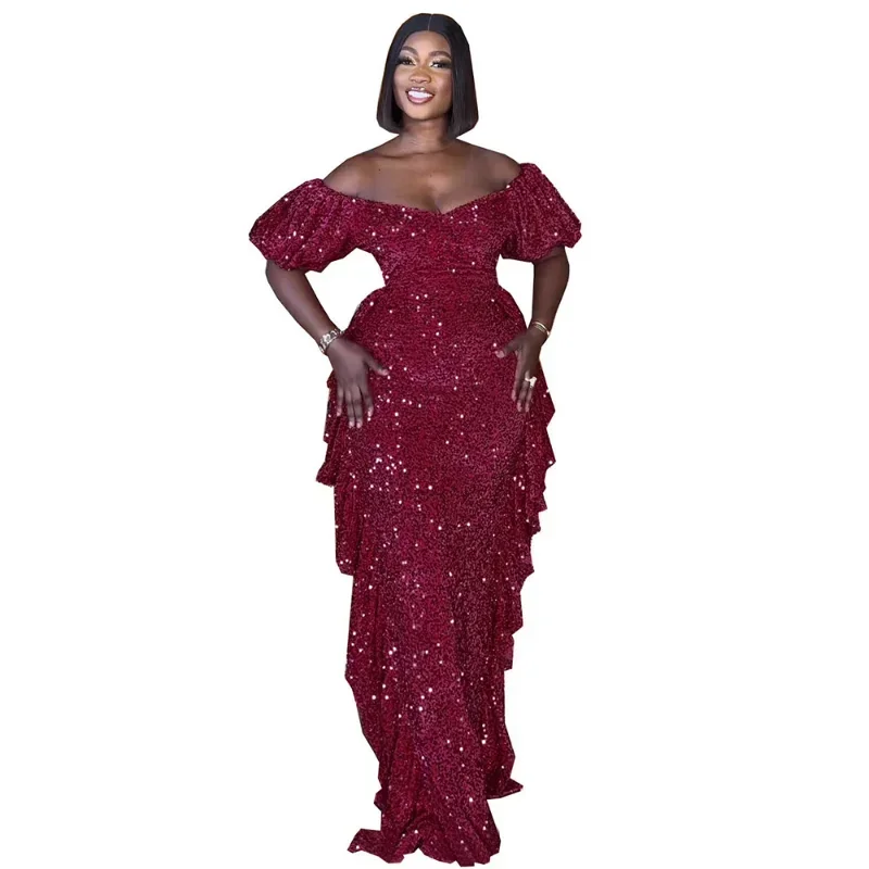 Сексуальные вечерние длинные платья с открытыми плечами и блестками, женские облегающие многоуровневые элегантные вечерние платья с рюшами, платья для выпускного вечера в ночном клубе
