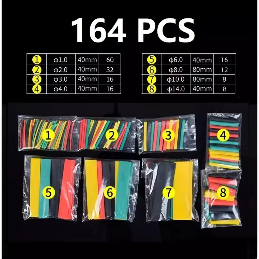 164 PCS 1:2 Ratio Heat shrink Thermoresistant Tube Heat Shrink Wrapping Kit Electrical Connection Wire Cable repair Insulati