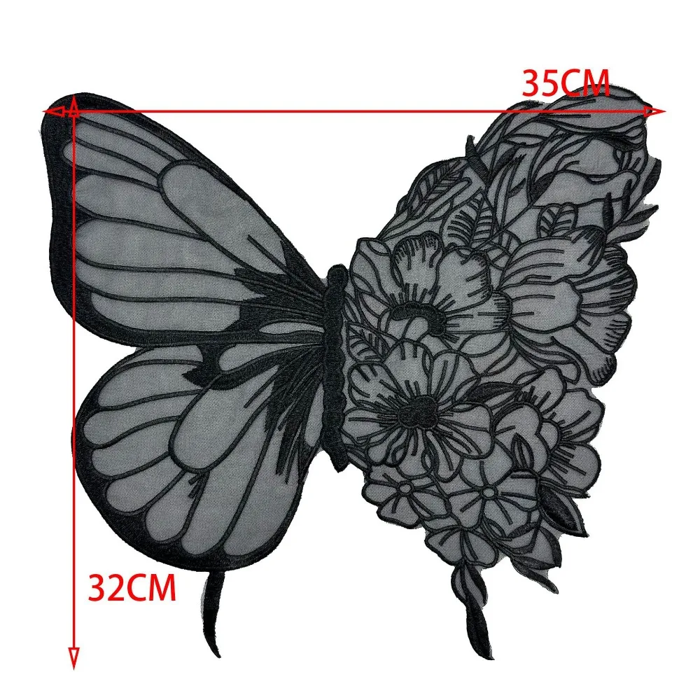 Parche de mariposa grande, tela de encaje bordado, parches de ropa, malla, cuello de mariposa, 35CM