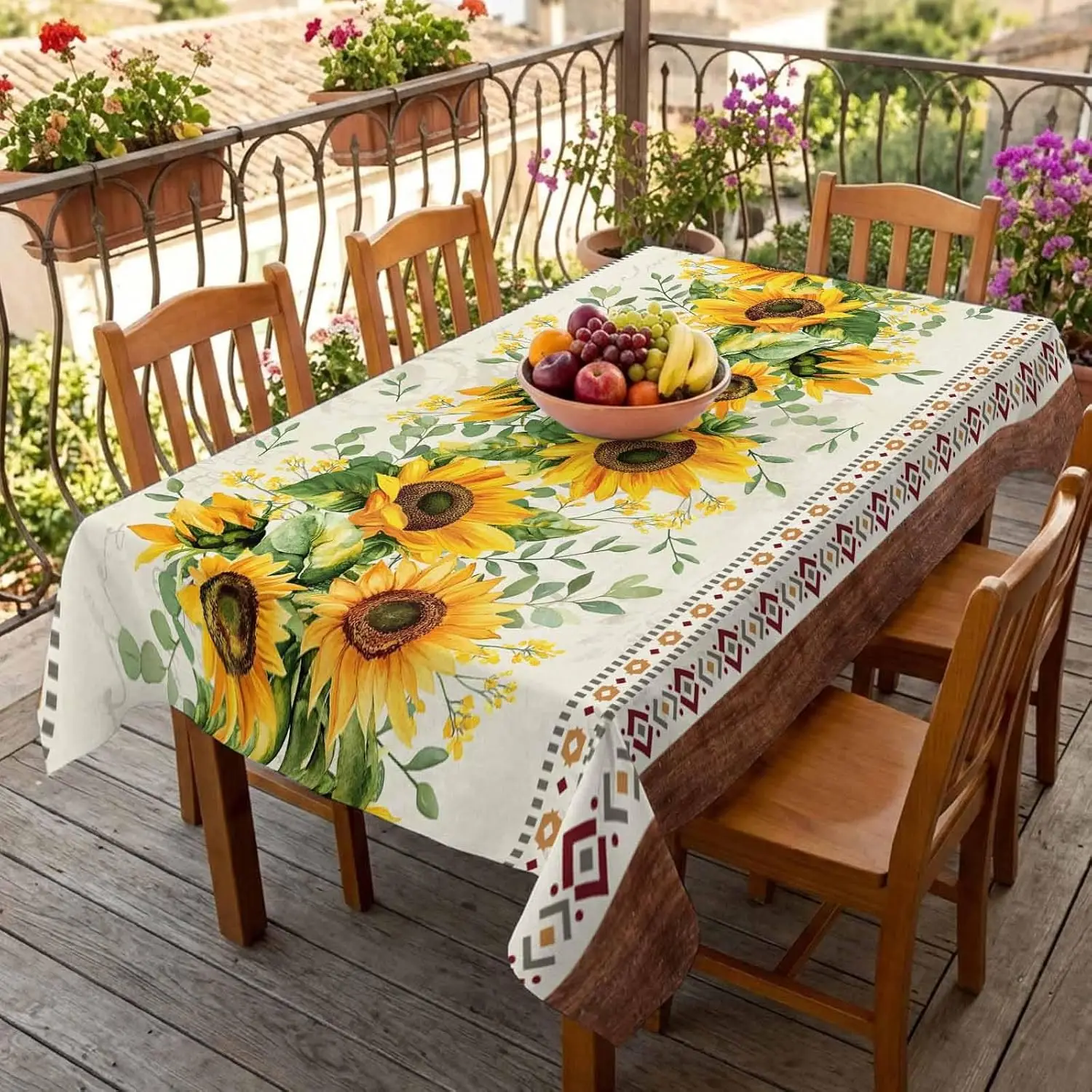 Summer Sunflower Green Leaves Rectangle Tablecloth for Table Decor Boho Stripe Brown Wood Grain Printed Table Cloth Party Decor