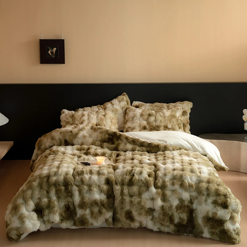 Winter Thickened Faux Fur Short Plush And Milk Velvet Patchwork Bedding Set Duvet Cover Set Flat/Fitted Bed Sheet Pillowcases