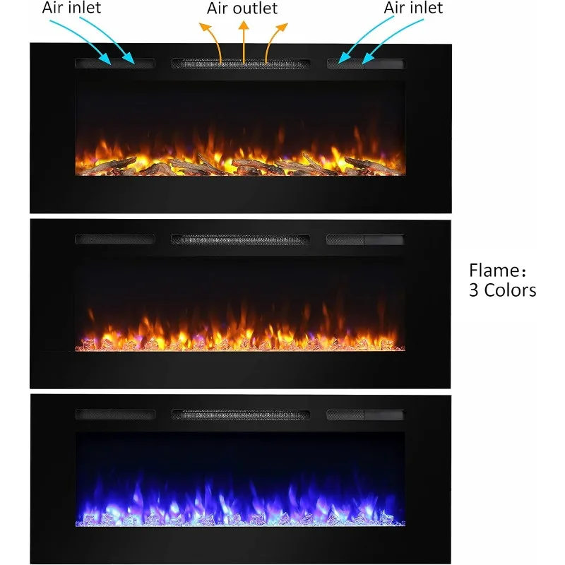 PuraFlame Alice 50 Inches Recessed Electric Fireplace,Flush Mounted for 2X6 Stud,Log Set&Crystal,1500W Heater,Remote Control