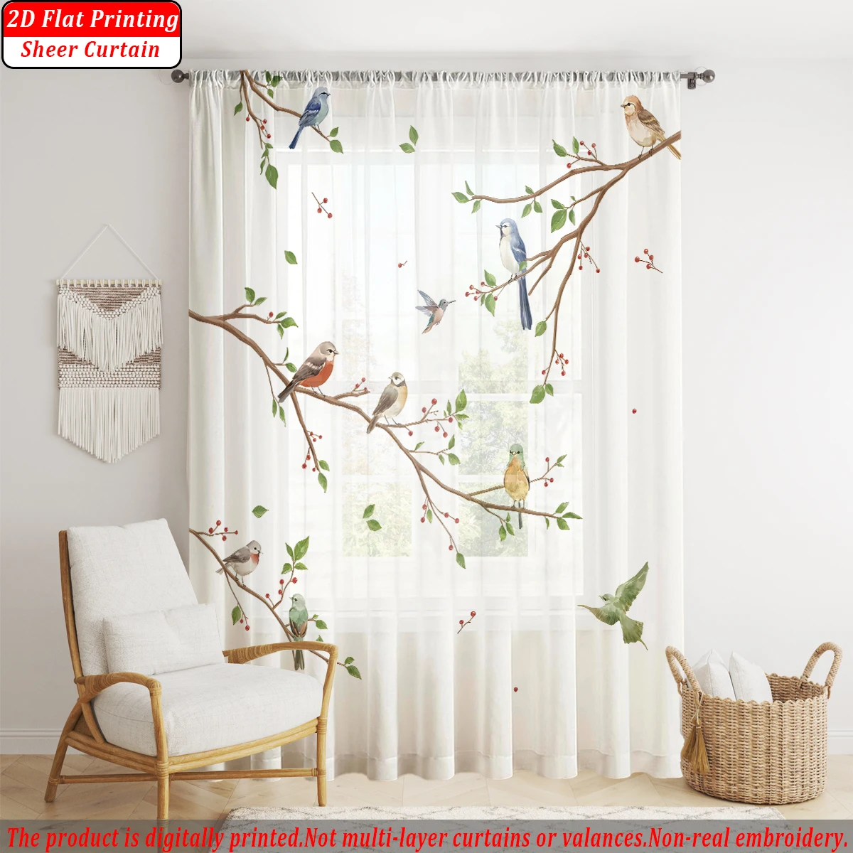 Branches Flying Birds Flat Printing Sheer Curtain，Light Fabric，for Living Room Bedroom Home Door and Window Decor - view 2