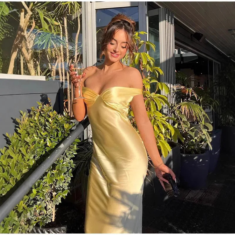 

Elegant Women Yellow Satin Sling Long Dresses Sexy V Neck Backless Sleeveless High Waisted Robes Chic Lady Evening Party Gowns