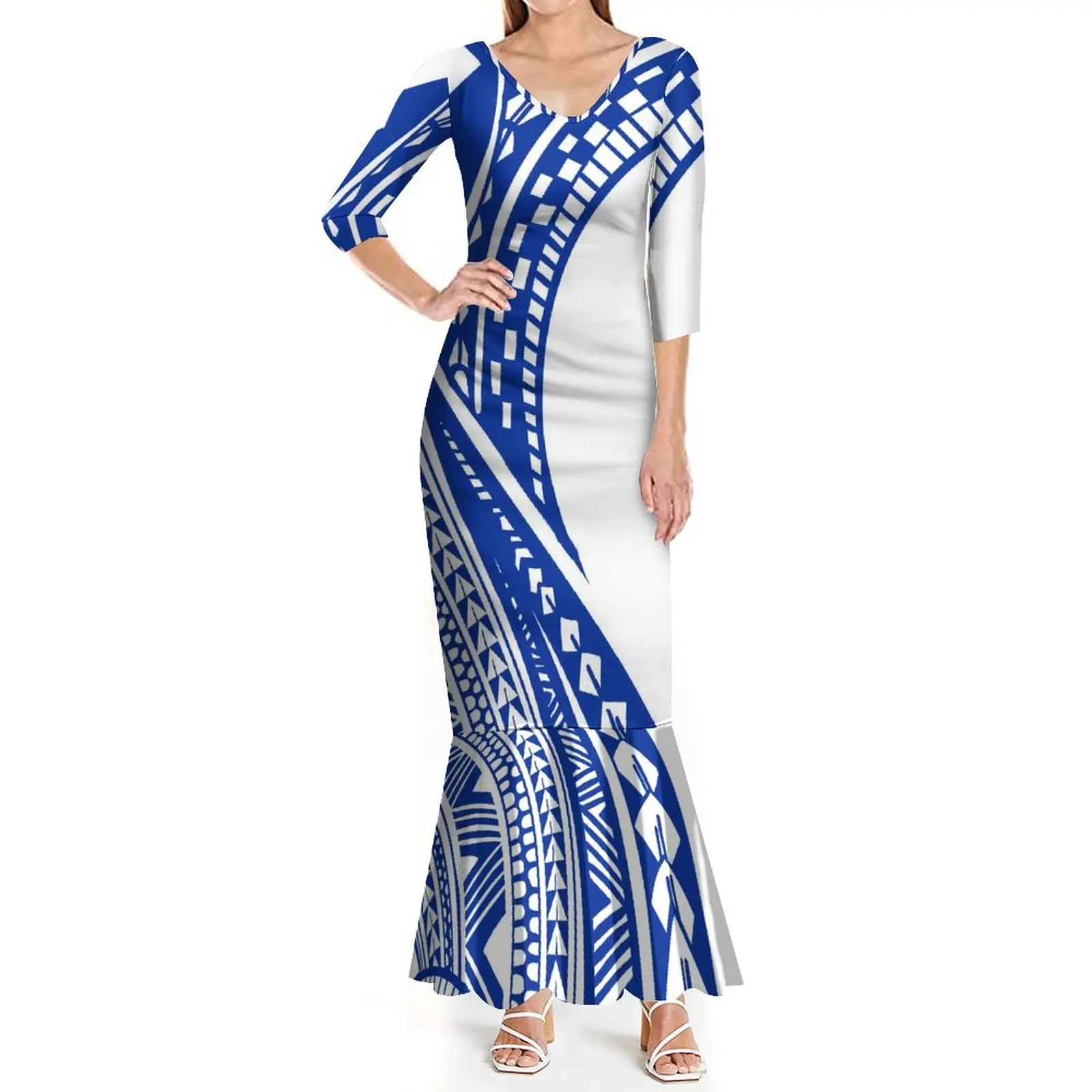 

2023 New Design Women's Dress Polynesian Vintage Art Pattern Customized Women's Long Dress V-neck Temperament Dress