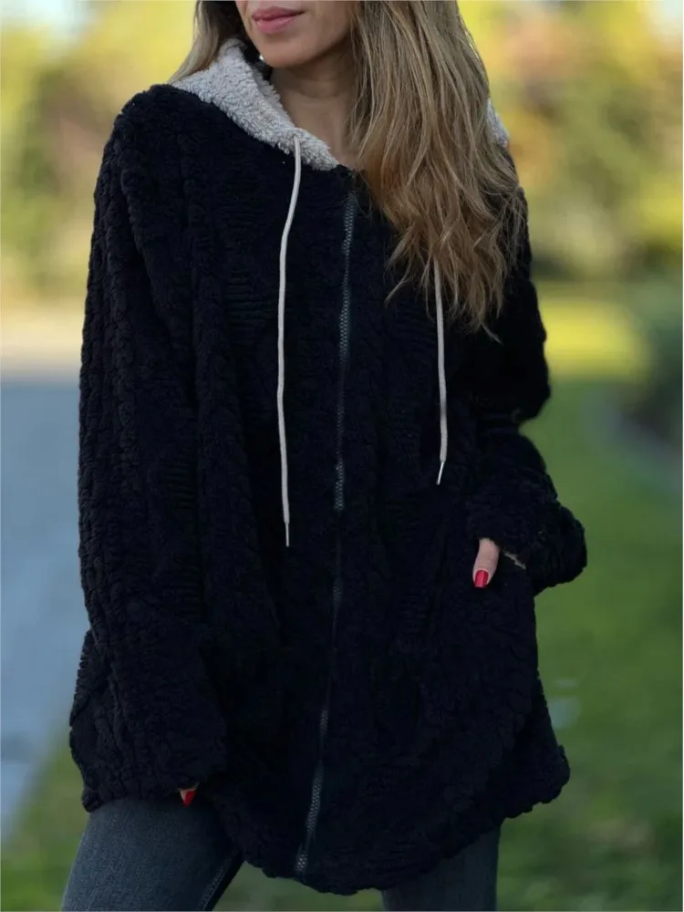 2025 Otoño Invierno nueva mujer Casual Sudadera con capucha Color sólido peludo cremallera abrigos de manga larga para mujer moda bolsillo chaqueta abrigo