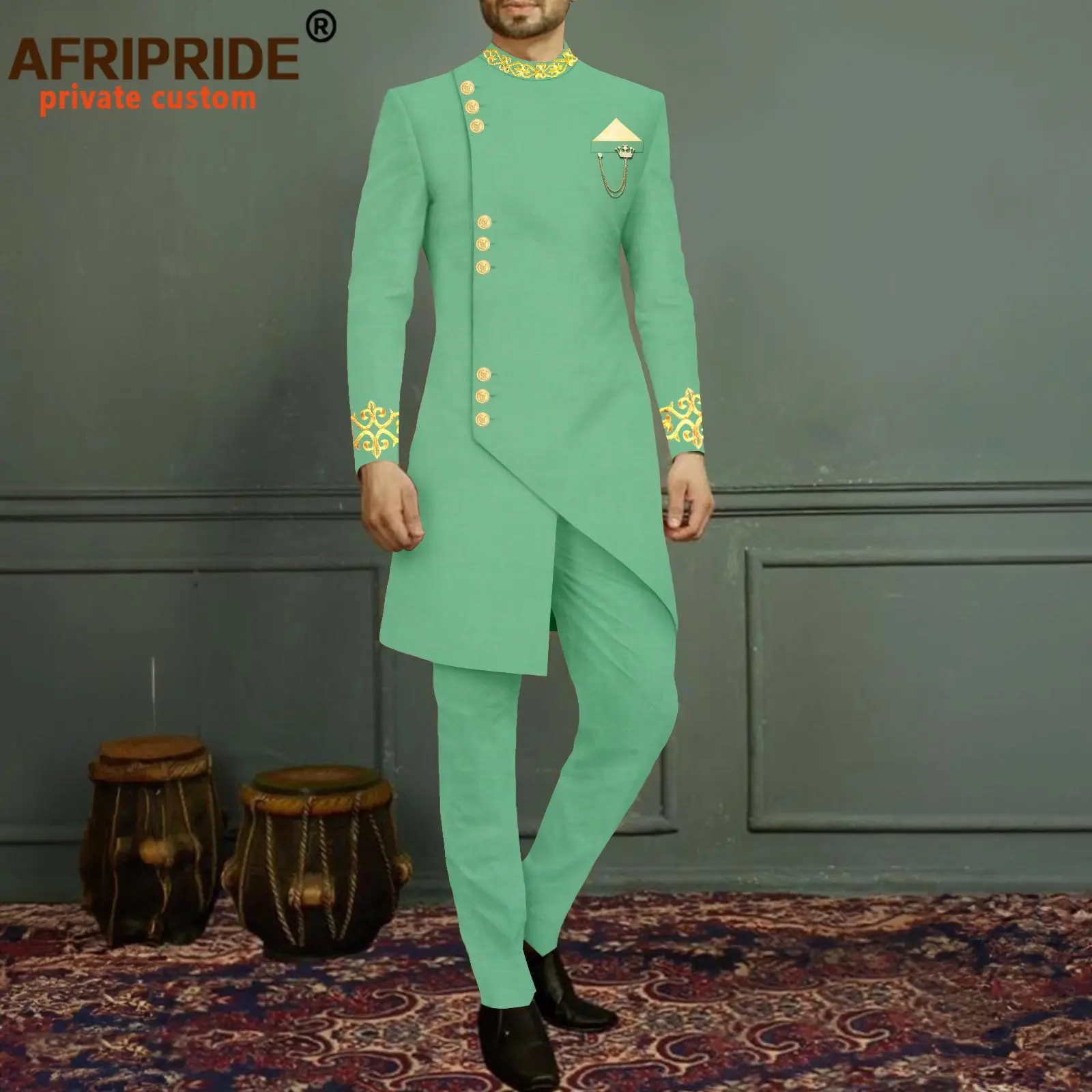 Men`s Suit Slim Fit Embroidery Single Breated Blazer and Pants Set African Clothes with Kerchief Brooch Formal Outfits 2416040