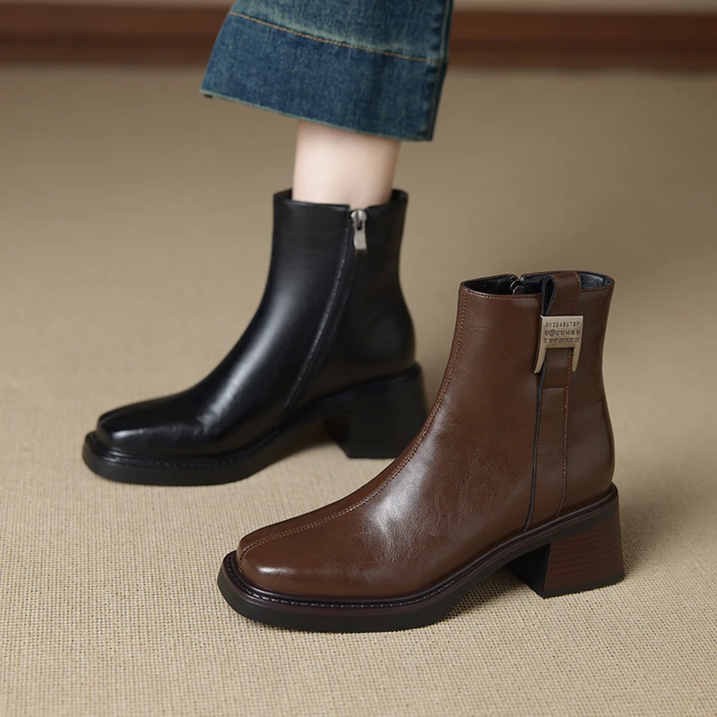 2026 new winter women ankle boots natural leather plus size 22-26cm cowhide square toe thick heel side zip retro short boots