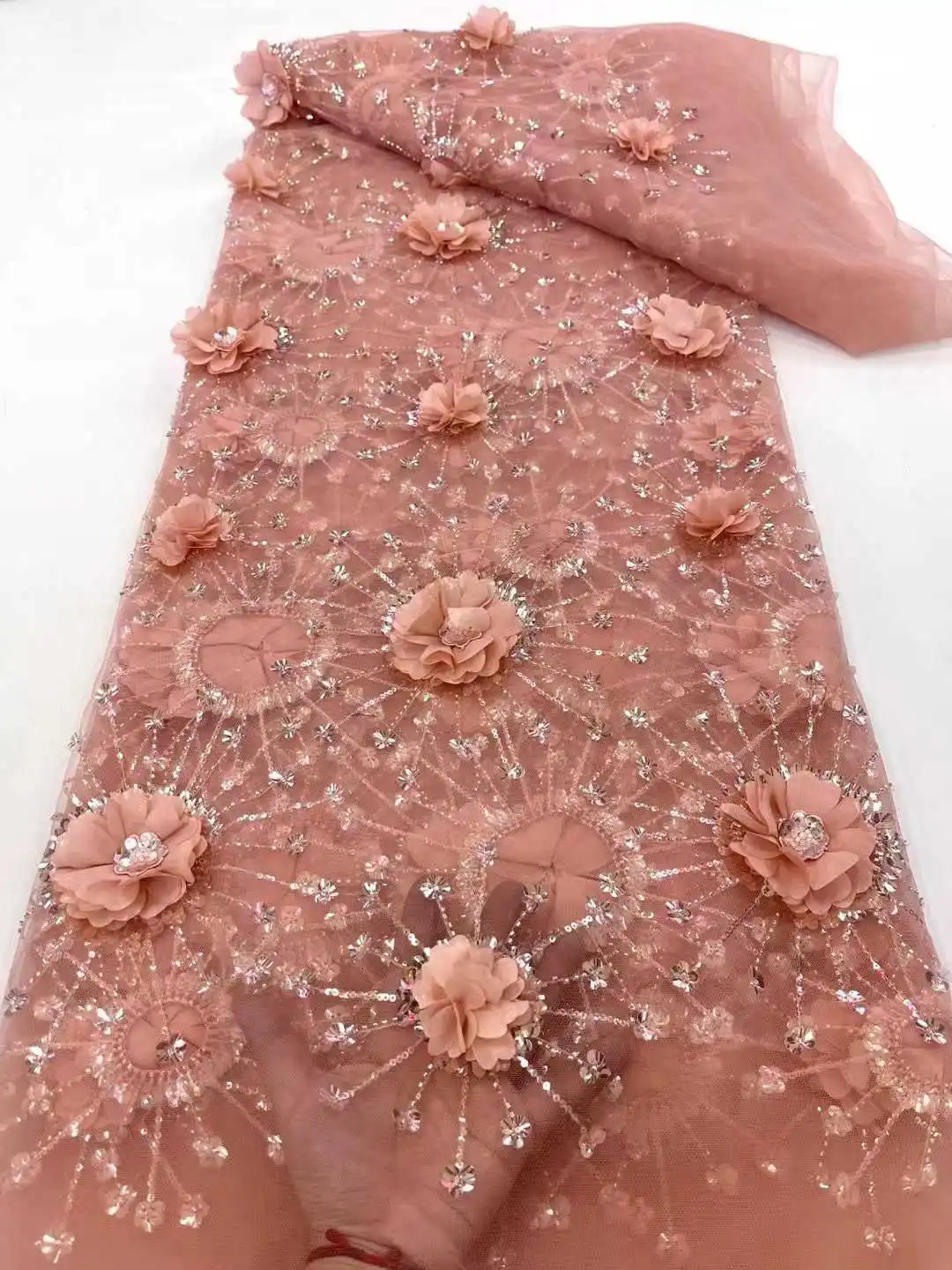 

African Sequins Groom Lace Fabric High Quality French Nigerian Beaded Wedding Dress Fabric 2025 Hot Sale for Brides